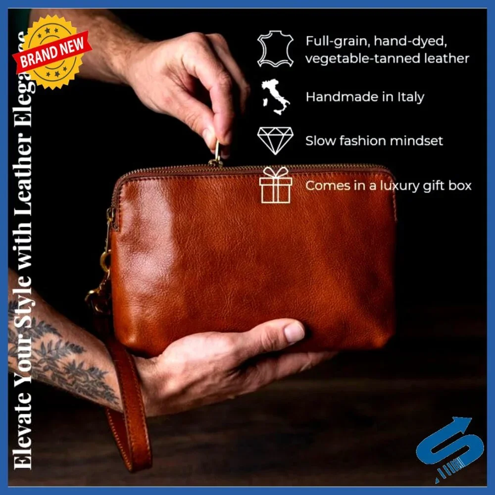 Handmade Italian Leather Clutch with Wrist Strap, Organizer Pockets